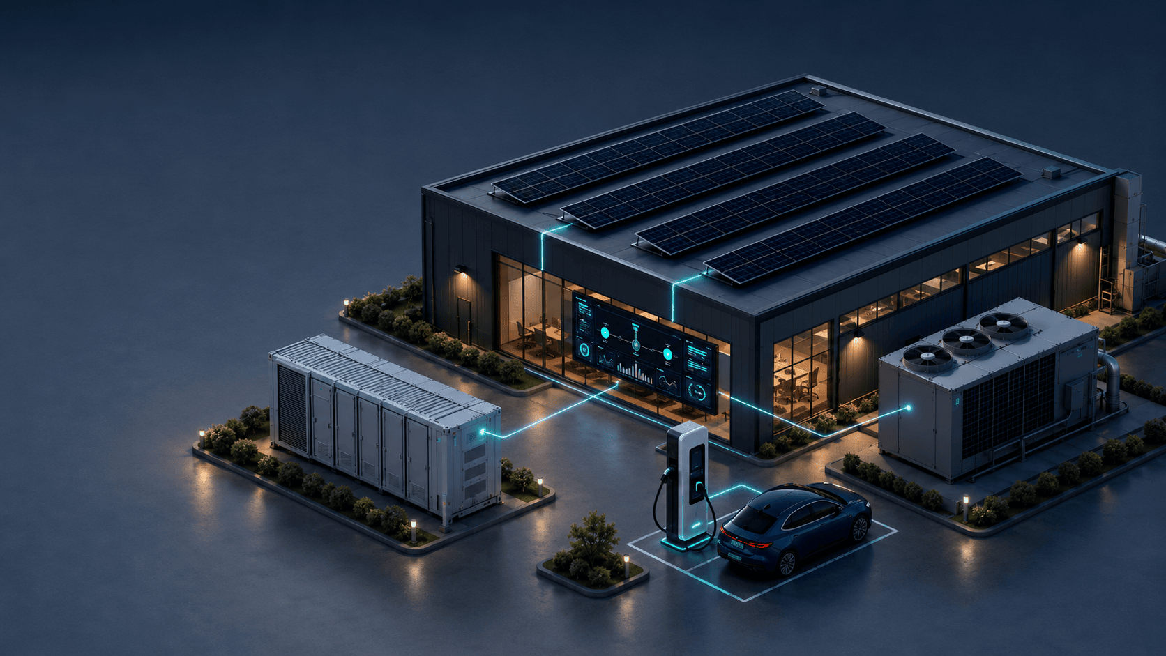 Isometrische Darstellung eines dep.solar Energiesystems: Photovoltaik auf dem Dach, Batteriespeicher, DC-Schnellladestation, Wärmepumpe und ein zentrales Energiemanagement-Display.