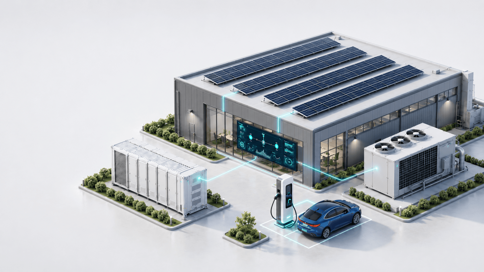 Isometrische Darstellung eines dep.solar Energiesystems: Photovoltaik auf dem Dach, Batteriespeicher, DC-Schnellladestation, Wärmepumpe und ein zentrales Energiemanagement-Display.